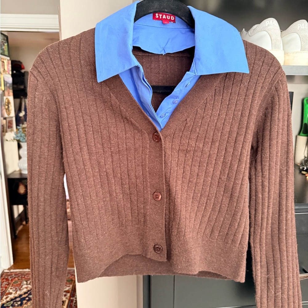 STAUD Brown Ribbed V-Neck Button Cardigan